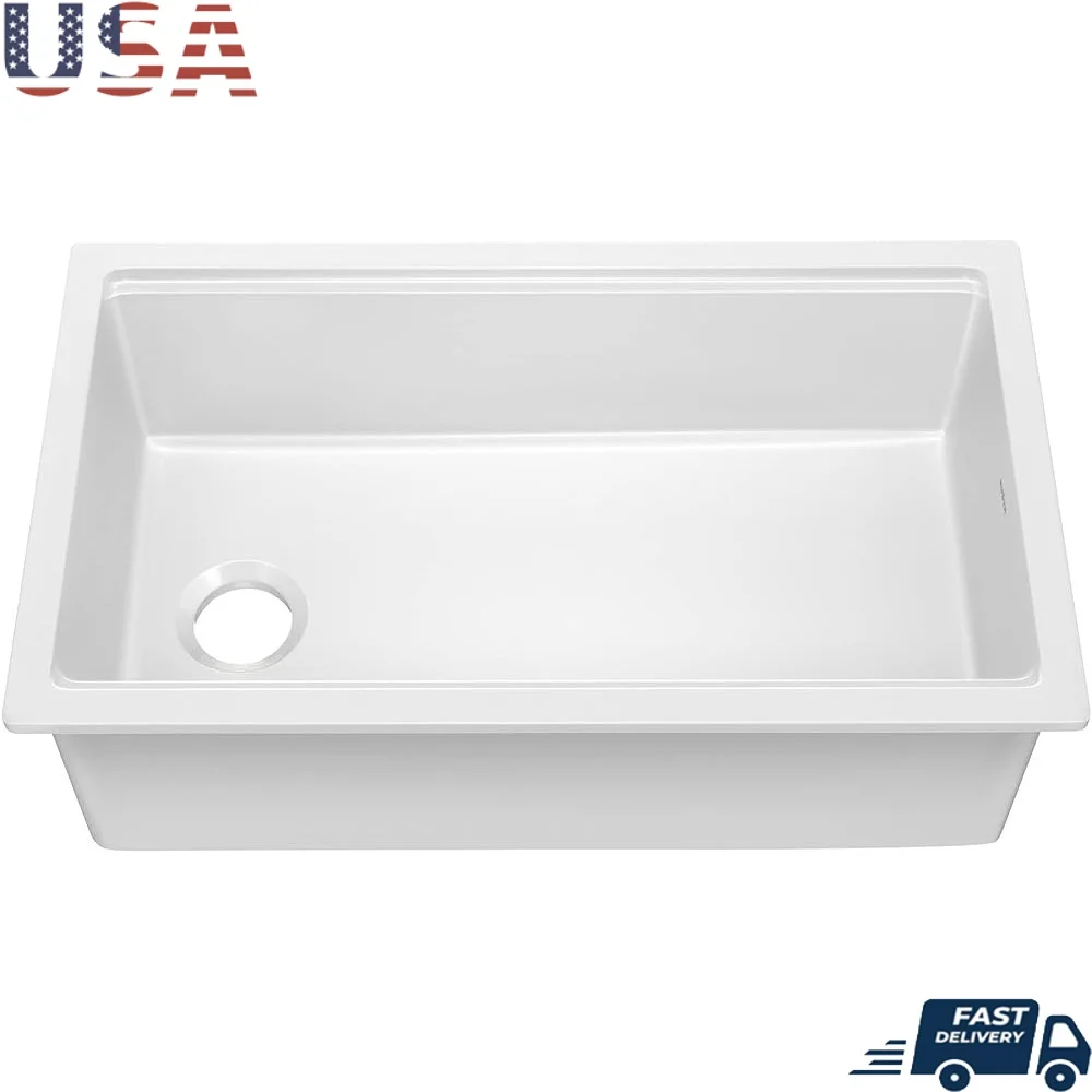 

33 Inch Fireclay Workstation Drop-In Undermount Kitchen Sink Single Bowl Gloss White Prep Clean Sliding Accessories