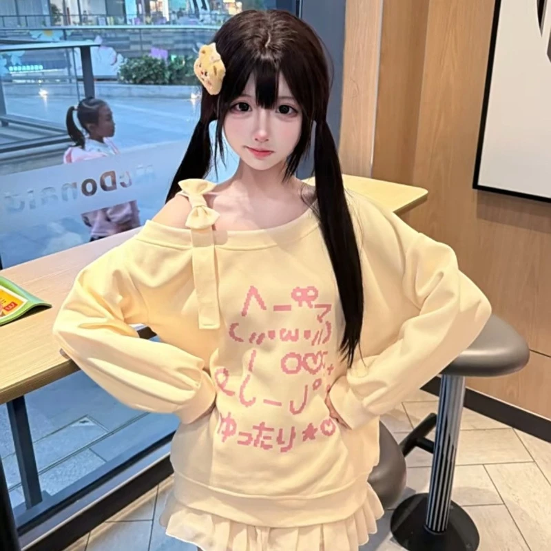 

American Kawaii Y2k Long Sleeve T-Shirt Women Casual Skew Neck Korean Off-Shoulder Top Sweet Print Slim Bow Letter 2025 Autumn