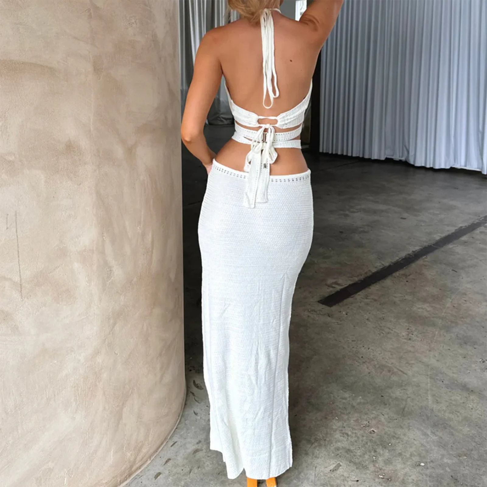 hirigin Women Long Dress White Hollow-Out Cross Tie-Up Halter Neck Sleeveless Backless Dress Bodycon Dress Crochet Knit Dress