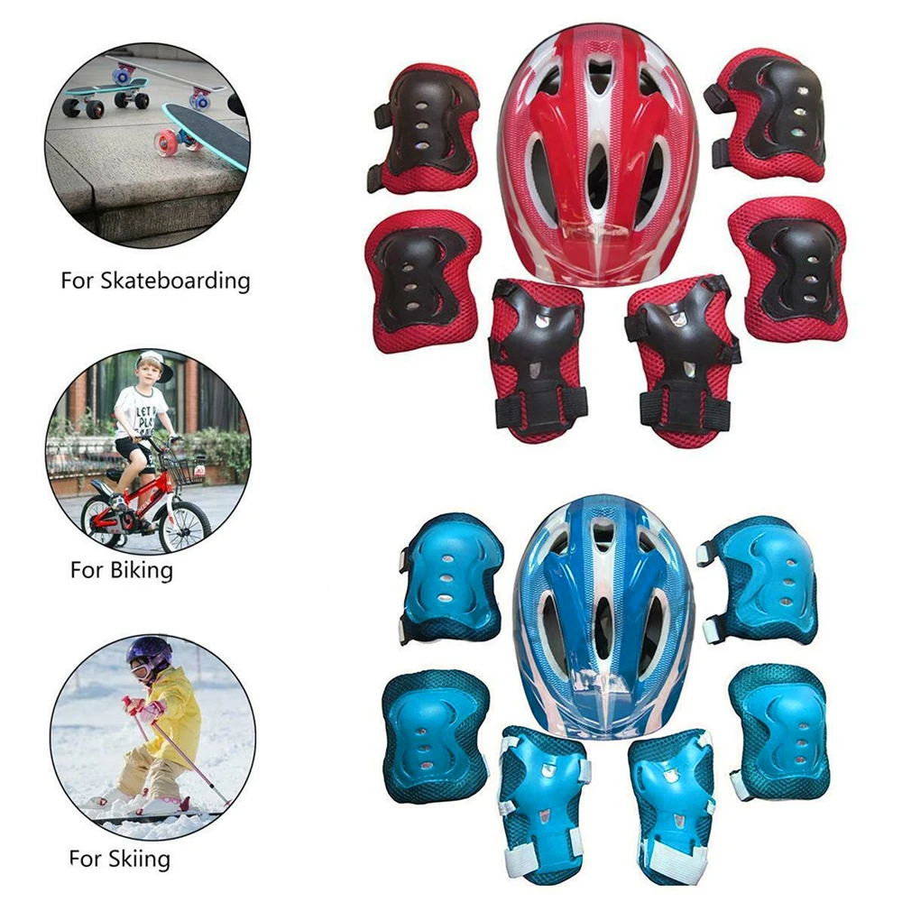 7Pcs/Set Kids Protective Gear Set Boys Girls Adjustable Size Helmet with Knee Pad Elbow Pads Wrist Guards for Skateboard Cycling