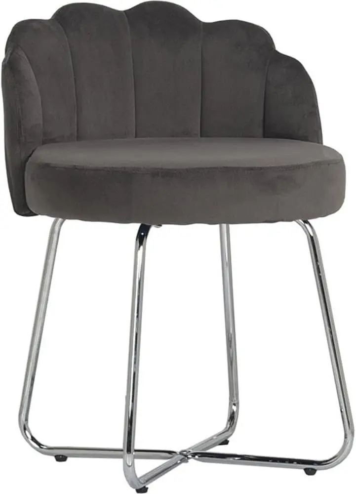 

Modern Vanity Stool with Scalloped Back for Makeup Rooms and Bathrooms, Dark Gray Polyester Upholstery, Chrome Base