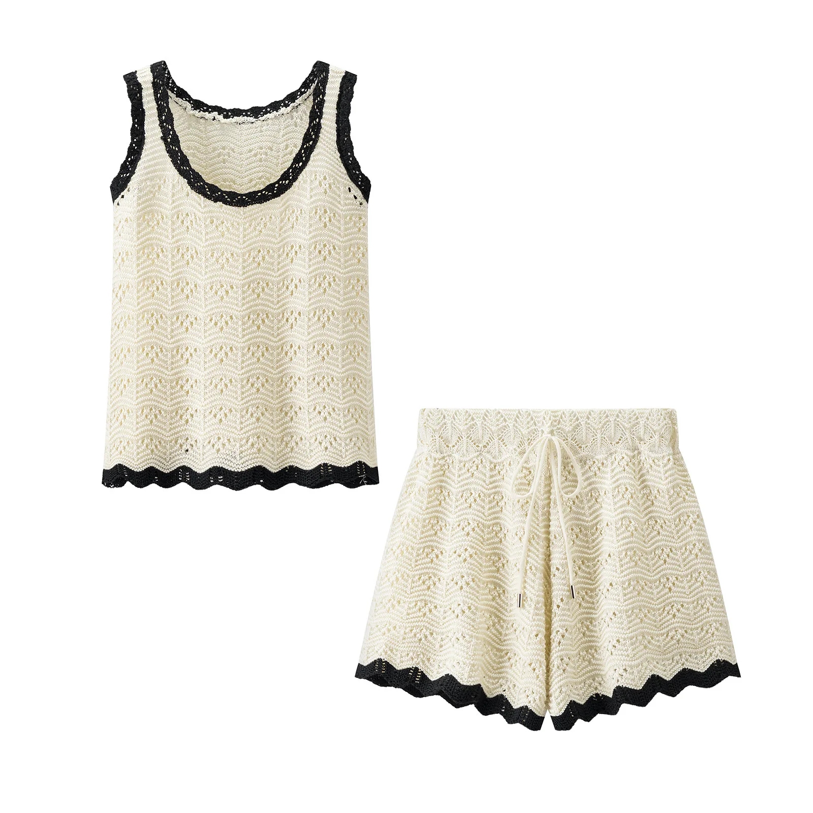 

Women's Summer Fashion Solid Color Round Neck Sleeveless Knit Top Elegant Hollow Elastic Waist Casual Mini Shorts Set