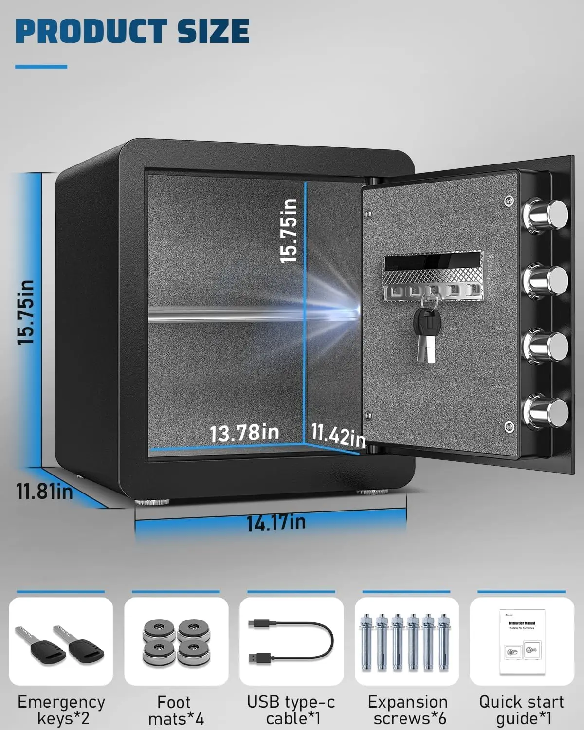 1.7 Cub Safe Box, Home Safe with Digital Keypad and Dual Alarm System, Money Safes box With Mute Function and LED Light, Safes w