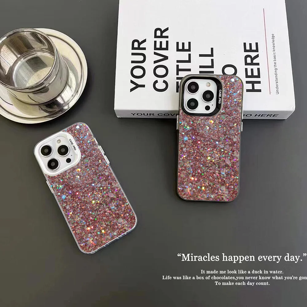 Pink Glitter Cool Phone Case IMD Color Silver Shell For IPhone 16 15 14 13 12 Pro Max Plus