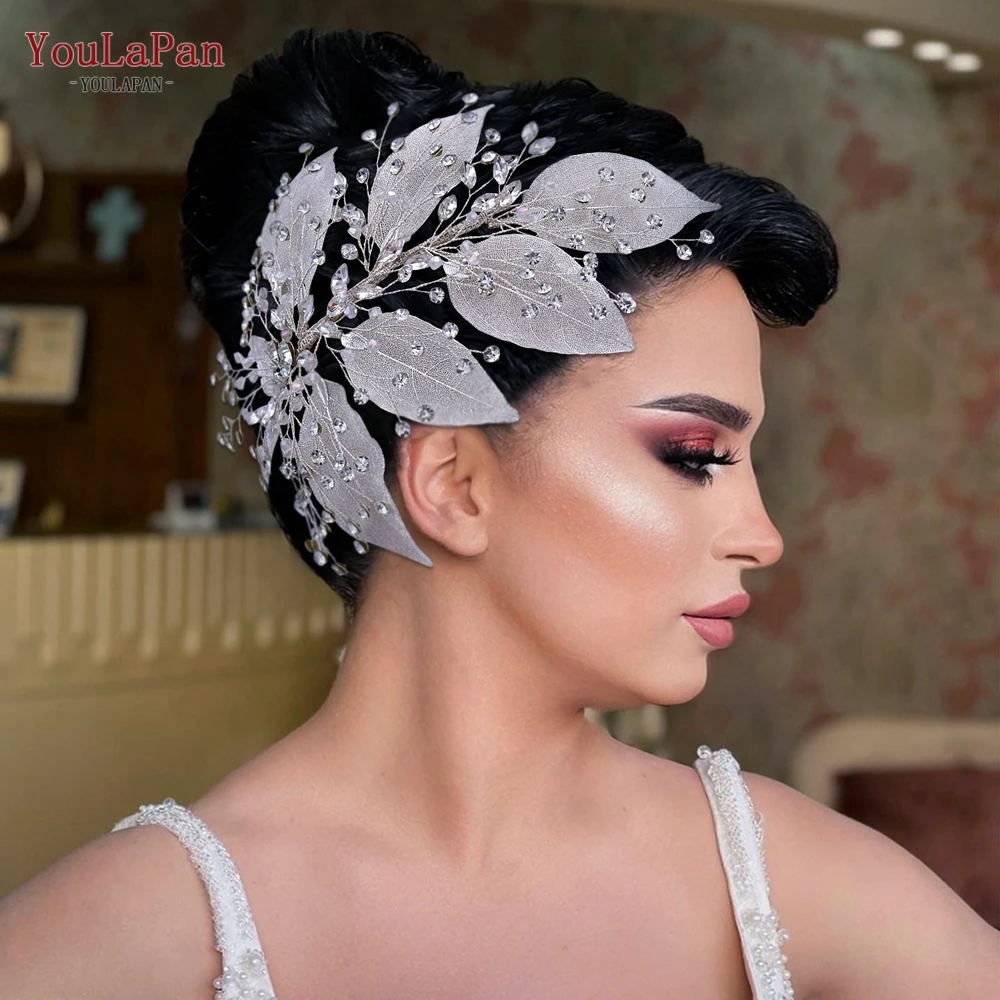 YouLaPan HP285เจ้าสาว Headpiece Rhinestone ผู้หญิง Headdress Leaf Shape ด้านข้างผมเจ้าสาวจัดงานแต่งงานเครื่องประดับผม