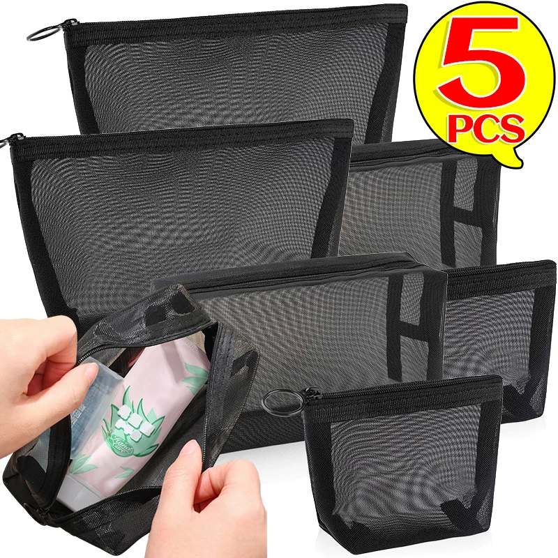 Black Clear Mesh Makeup Bag Cosmetic Storage Pouch Multifunction Transparent Nylon Bags Portable Travel Toiletry Organizer Bags