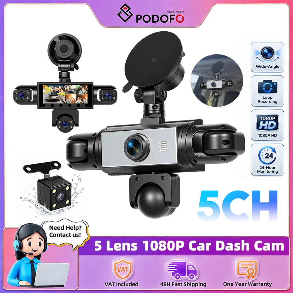 Podofo, telecamera per auto da 3,16 pollici, 1080P, scatola nera per auto, visione notturna, telecamera per cruscotto, video HD con 5 obiettivi HD, telecamere per la parte anteriore sinistra, interna