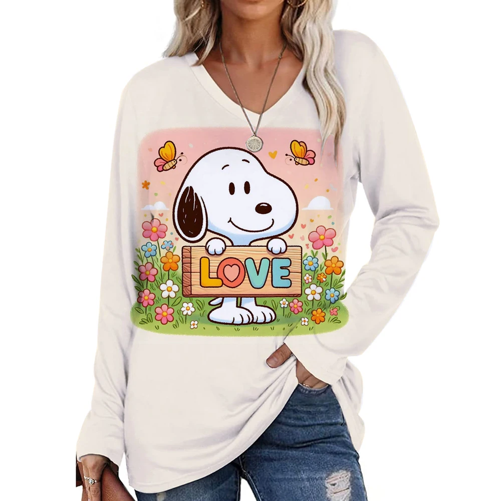 

Рубашка с круглым вырезом и длинными рукавами, женский топ Snoopy, весна 2026, 10 цветов, повседневная тонкая базовая женская футболка белого цвета