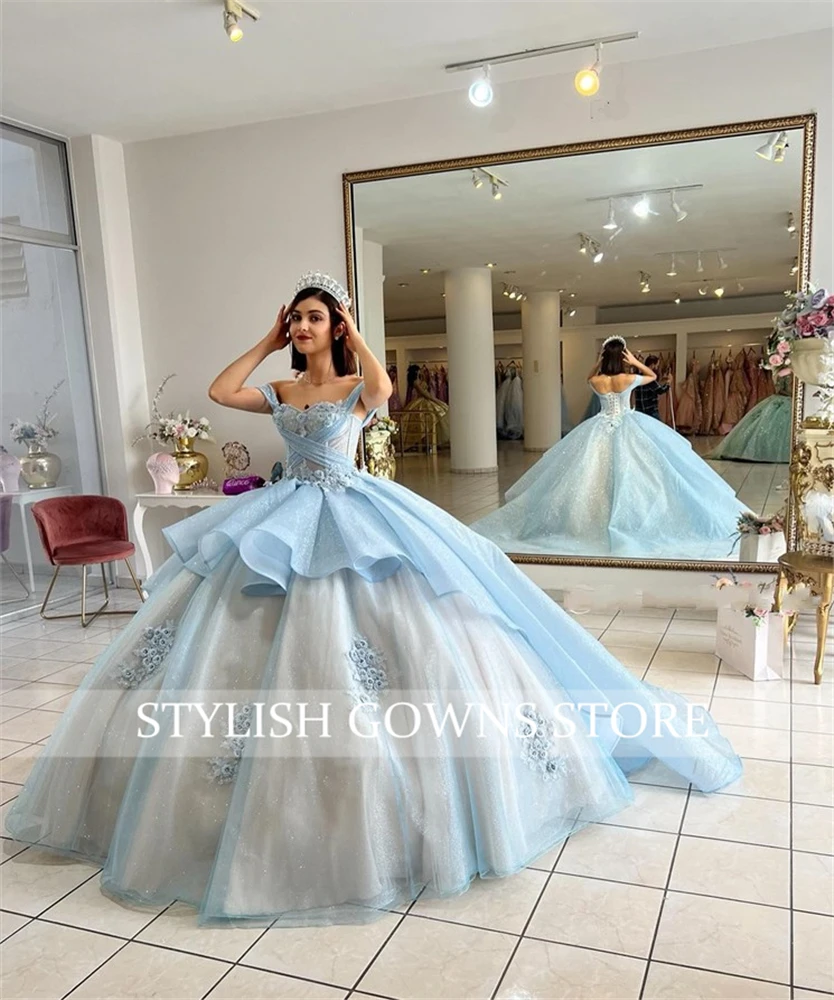 Sky Blue Sweetheart Ball Gown Quinceanera Dresses Appliques Beaded Formal Prom Tiered Graduation Gowns Sweet 15 16 Dress Robe