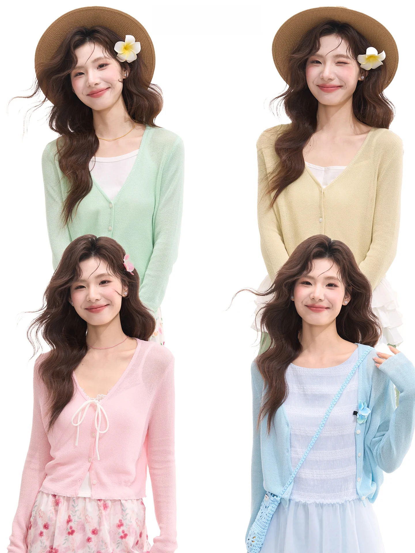 

Basic V-Neck Long Sleeve Knitted Sweater Women's Versatile Short Open Cardigan Top Pastel Color Block Princess Style Spring F...