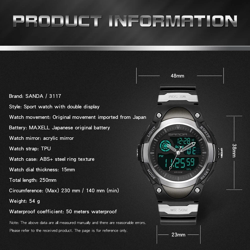 SANDA Brand Men Watches Military Sport Watches Waterproof Digital Watch Male Clock Watch Relogio Masculino erkek kol saati 3117