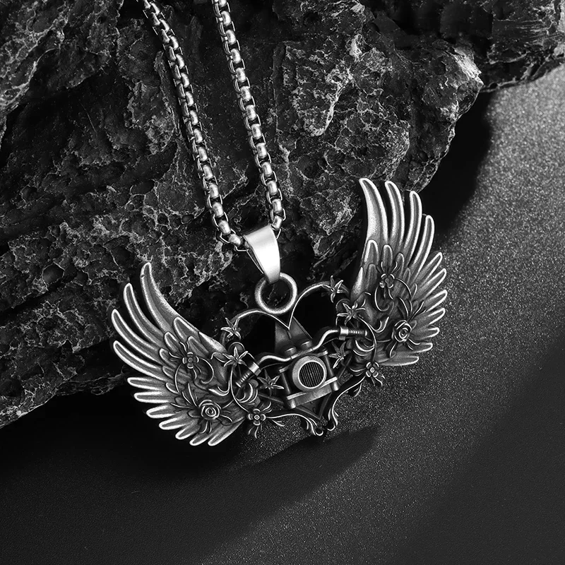 Hip Hop Steam Rose Mechanical Wings Amulet Pendant Necklace Men's Personalized Street Punk Jewelry