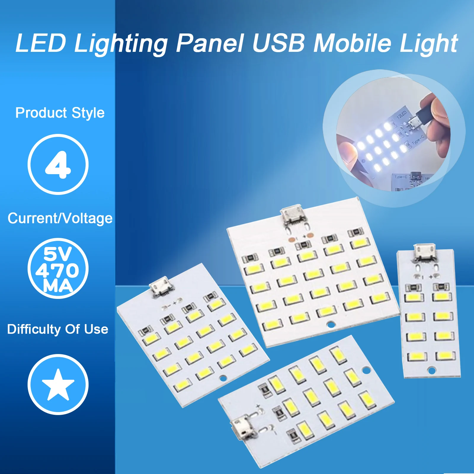 مصباح طوارئ LED متنقل ، لوحة إضاءة بيضاء ، ضوء USB متنقل ، إضاءة ليلية ، ، شموع Smd 5V ، 430mA ~ 470mA ، 10