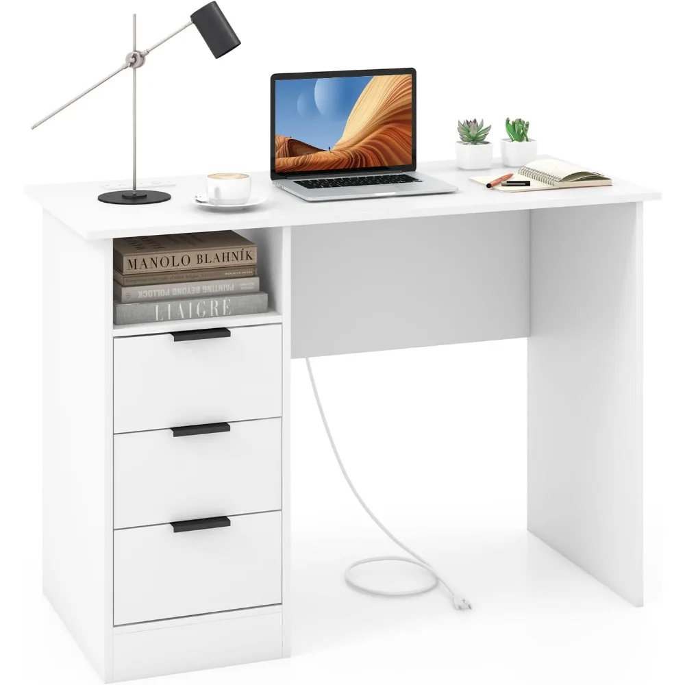 

White Desk with 3 Drawers & Charge Station, Home Office Desk with Open Shelf, Study Writing Desk, PC Desk Computer Workstation,