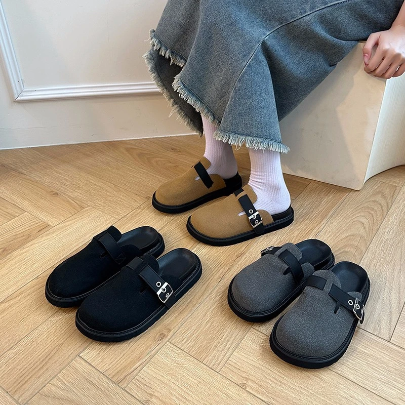 Cover Toe House Slippers Platform Female Shoes Flock Med Slides 2024 Soft Casual PU Fabric Hoof Heels Retro  Autumn Rubber Leisu