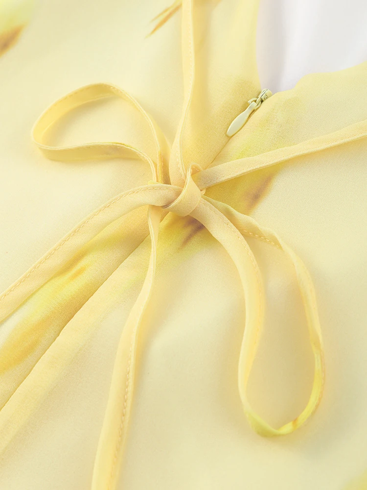 Żółty nadruk V Neck Sling Maxi Dresses Women Elegant Sleeveless Backless High Waist Pleated Long Dress 2025 Summer New Lady Robe