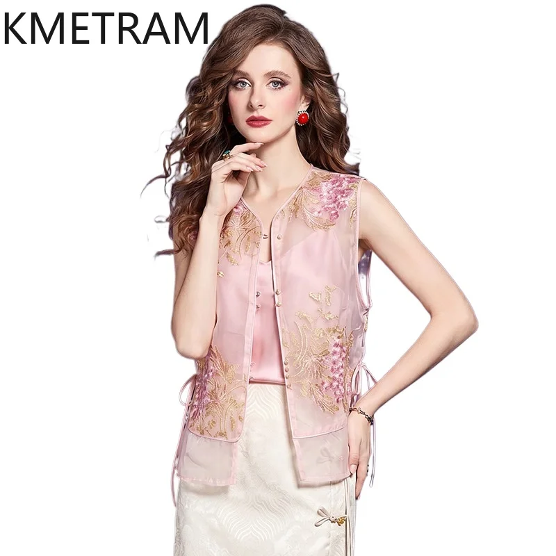KMETRAM New Chinese Style Vest Women Embroidered Sleeveless Sheer Summer Tops Casual Tanks Top Woman Clothes 2026 топ женский