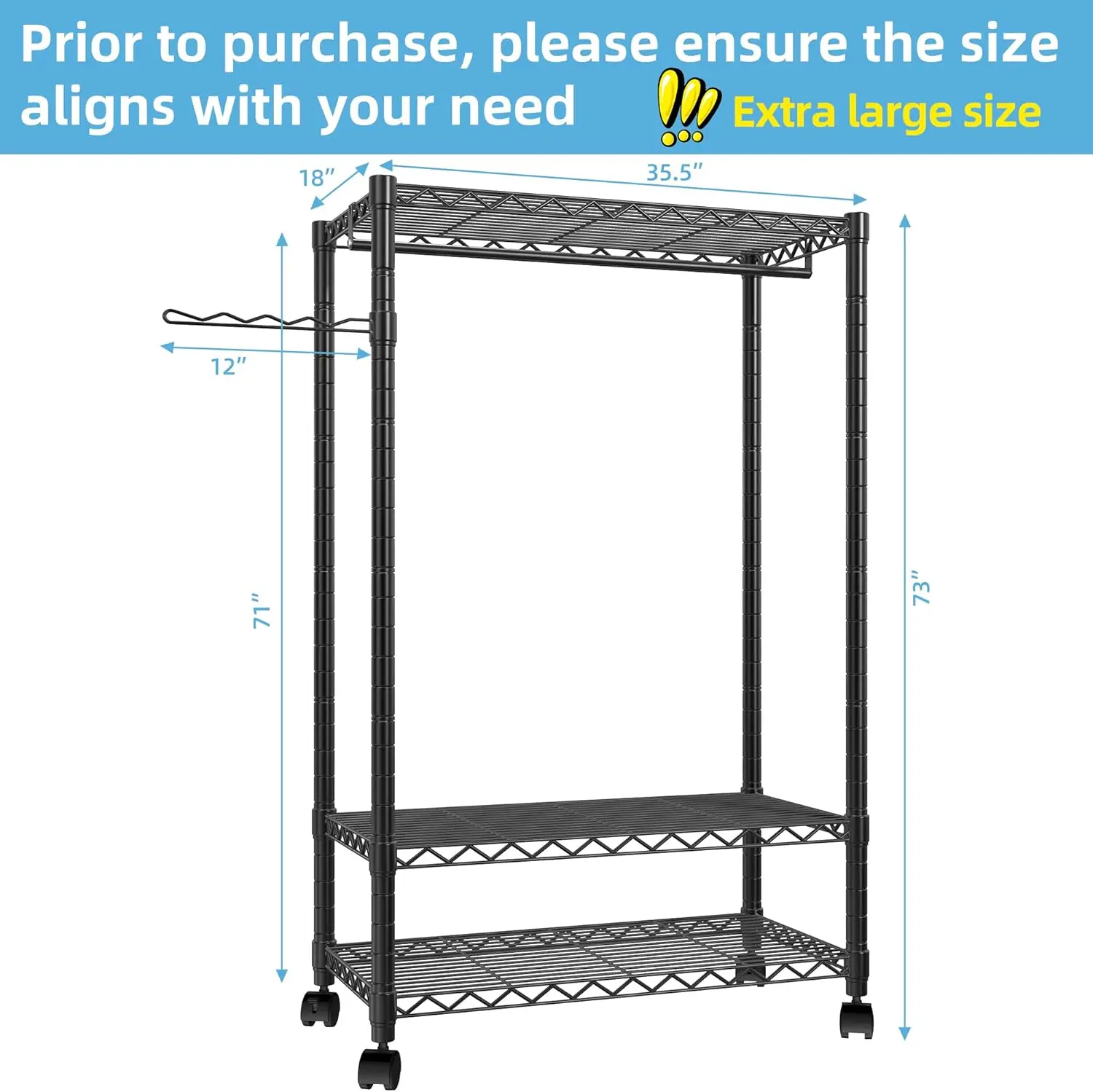 Heavy Duty Clothing Garment Rack, Freestanding Clothing Rack, Portable Closet Wardrobe With 3 Adjustable Wire Shelves 1 Side