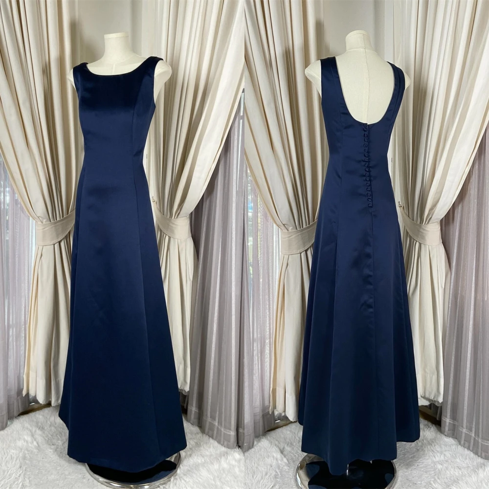 

Customized Delicate Blue Satin Evening Dress Elegant Graceful Scoop Short Sleeves Cocktail Dress Classic Buttons Back Prom Dress