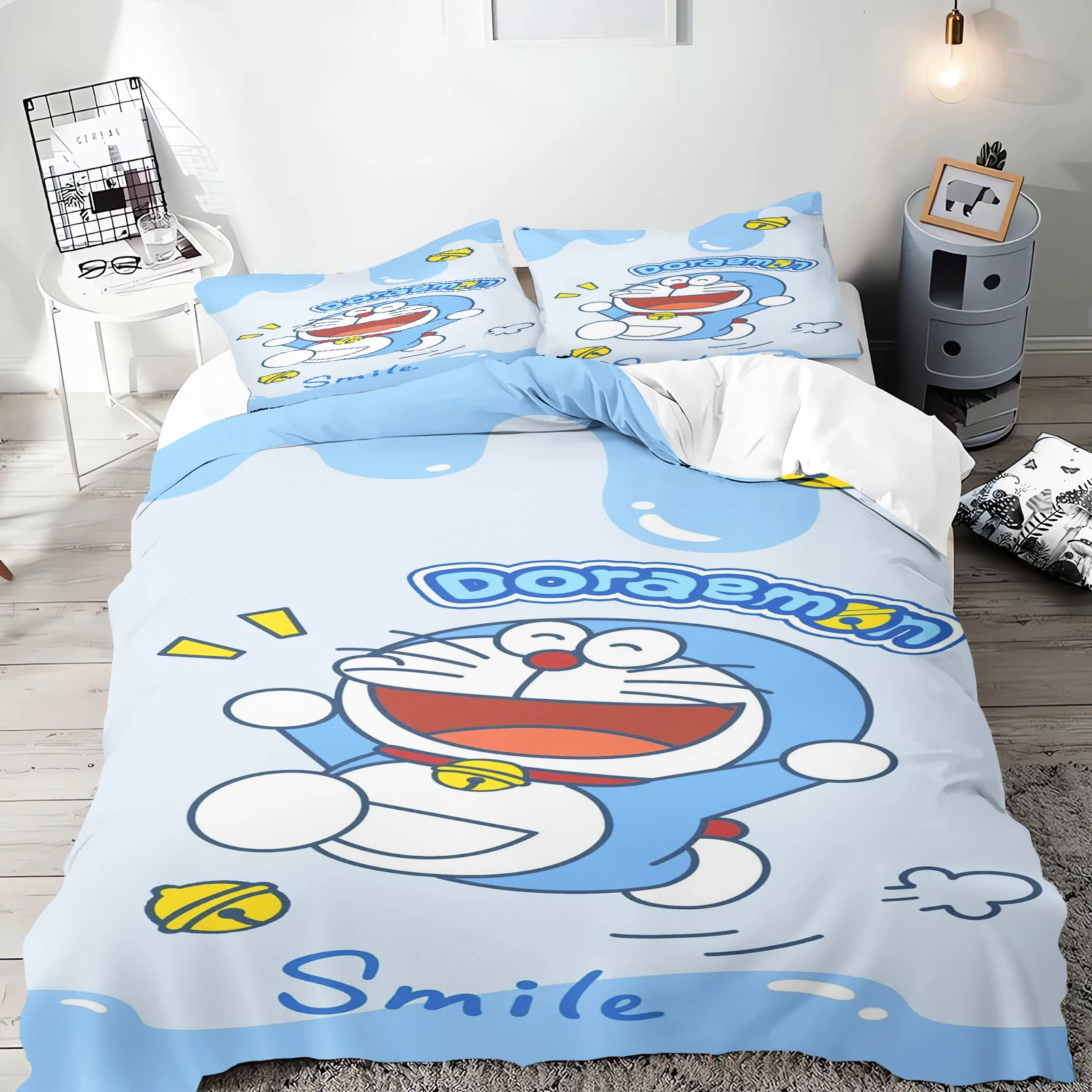 Cartoon Quilt Cover Blue Cat Bedding Set Home for Teen Children Bedroom Polyester Various Sizes Decor Soft Comfortable Baby