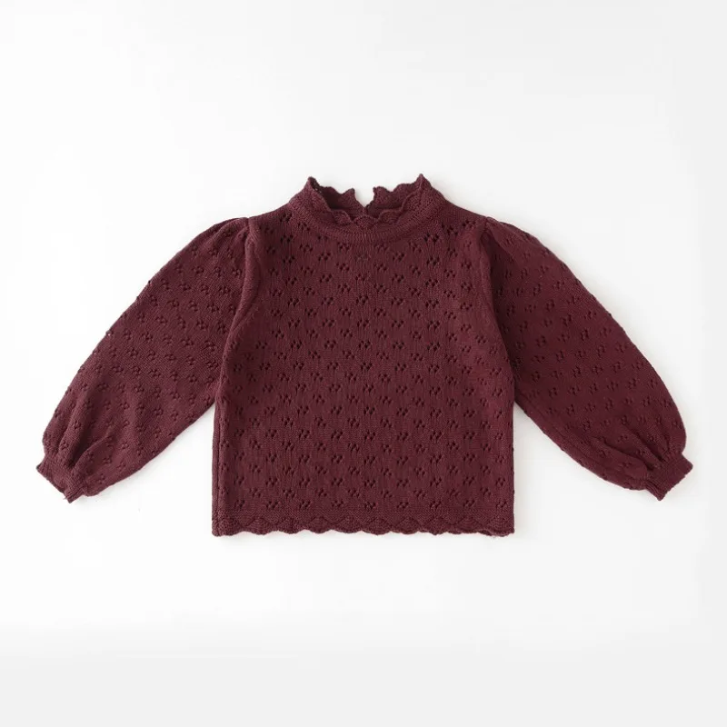 Baby Girl Knit Sweater Lace Hollow Out Puff Sleeve Pullover Beige Top Toddler Spring Autumn Casual Clothing Fashion Outfit
