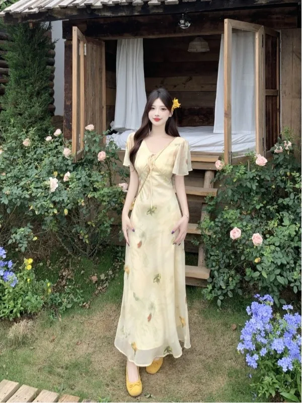 

plus Size Floral Print Maxi Dress V-Neck Tie Waist Slimming Gentle Summer New Style Korean Commute A-Line Skirt Short Sleeve