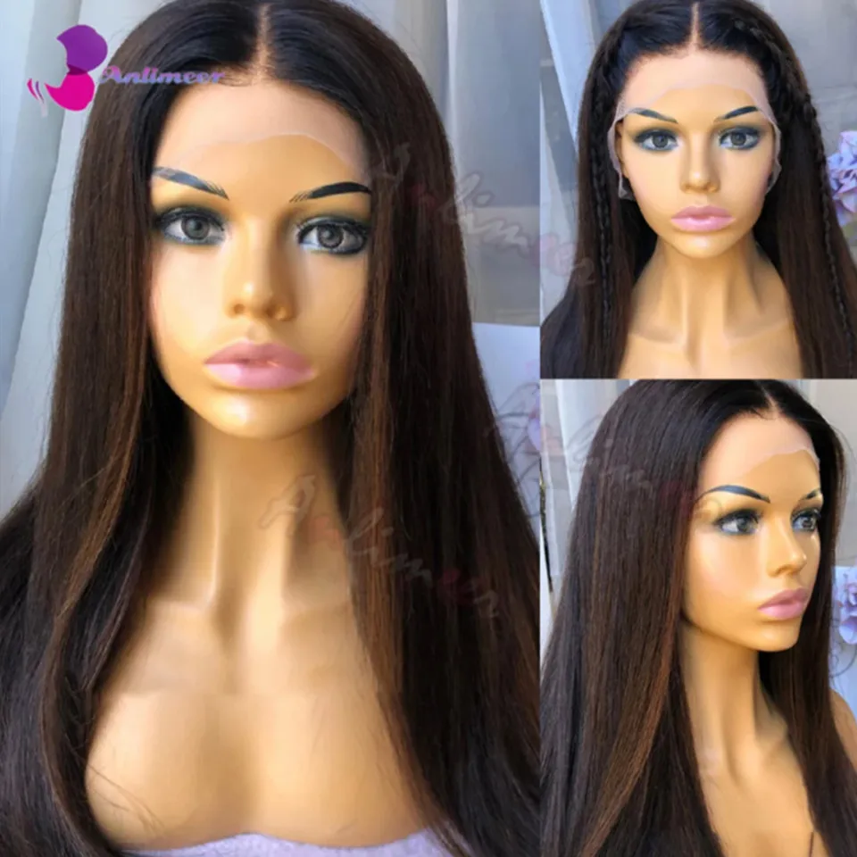 13x6 Lace Front Wigs Human Hair 200% Density Highlight Auburn Wig Balayage Straight Human Hair Wigs Dark Brown Wig Silk Top Wig