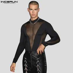 INCERUN 2024 Sexy Men Homewear O-Neck Mesh Patchwork Jumpsuits Casual Well Fitting Male Long Sleeve Thin Triangle Bodysuit S-5XL