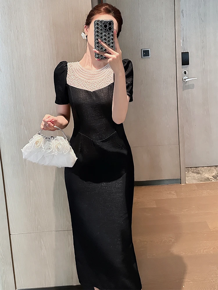 Vêtements pour femmes de luxe hôte Robe d'anniversaire Femme élégante exquise perle mince Robe mi-longue Femme robes de bal dame Banquet fête