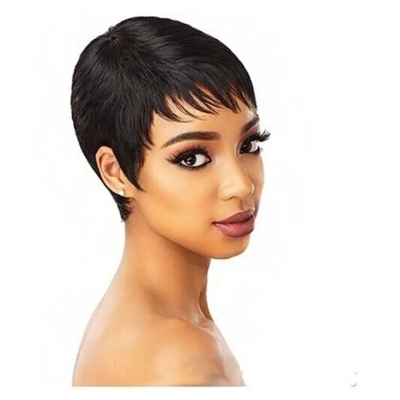 Peluca de duendecillo en capas ondulada corta, cabello humano con corte de niño, pelucas de cabello humano corto para mujeres negras, pelucas de cabello brasileño hechas a máquina en venta