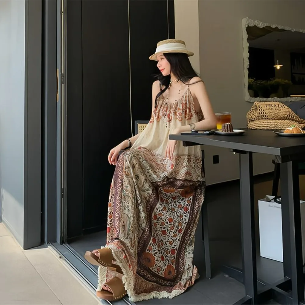 Boêmio férias maxi vestido u pescoço smocked plissado sem mangas vestido vintage impressão praia cobrir elegante Pneuma verão wear