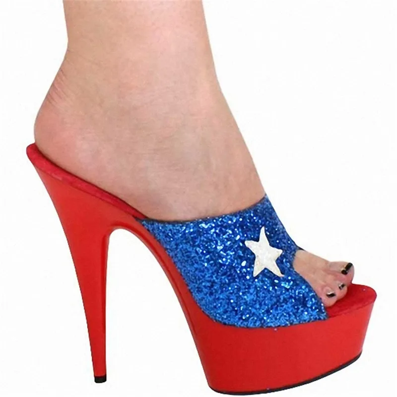 

Сексуальные великолепные синие блестящие тапочки со звездами 15 см, женские сандалии металлического цвета, популярные сандалии на высоком каблуке 6 дюймов