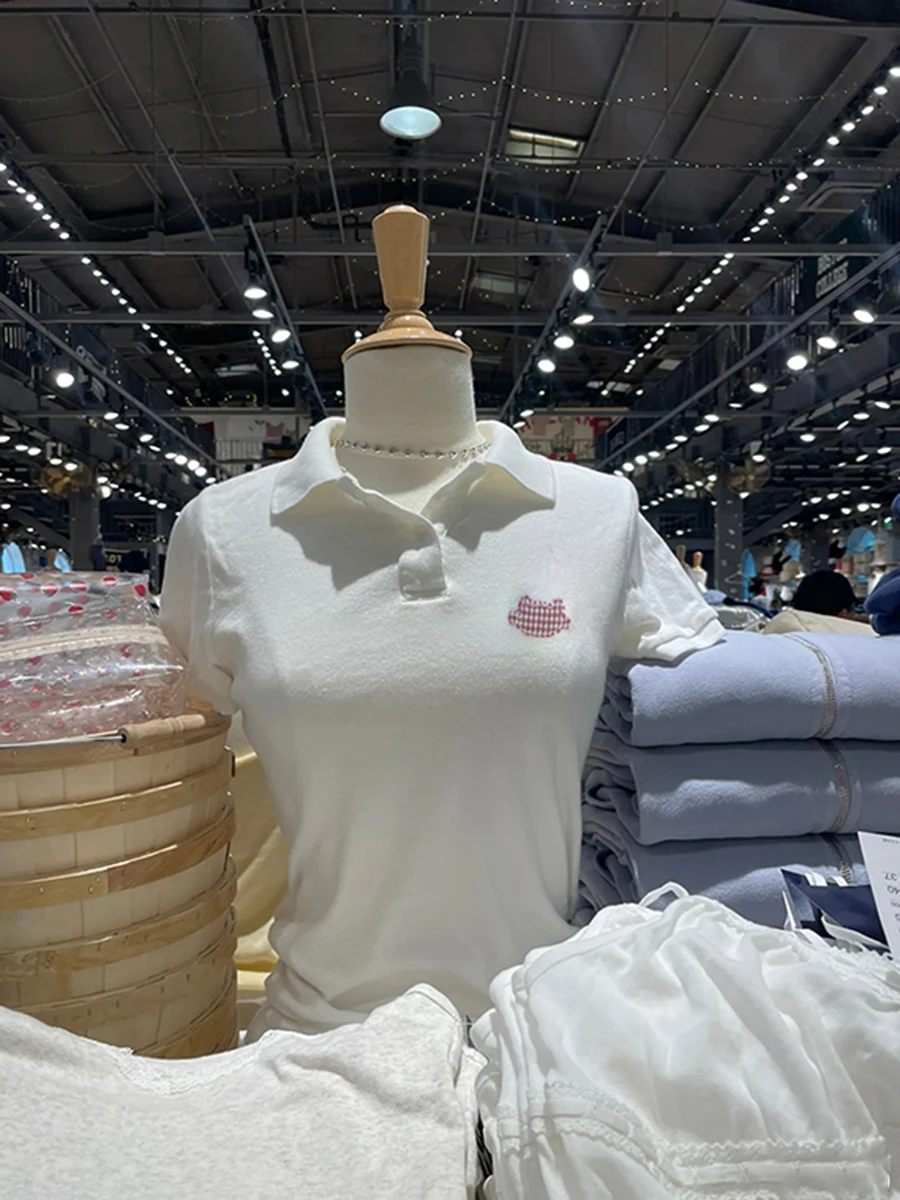 

Pink Plaid Cat Embroidery T-shirt Woman Turn Down Collar Cotton Short Sleeve Tees Sweet Cute Summer New Slim Tshirt Y2k Tops