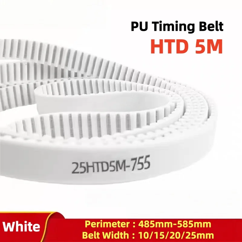 HTD 5M White PU Closed Loop Timing Belt Polyurethane Toothed Gear Belt Length 485~585mm Width 10 15 20 25mm  Synchronous Belt
