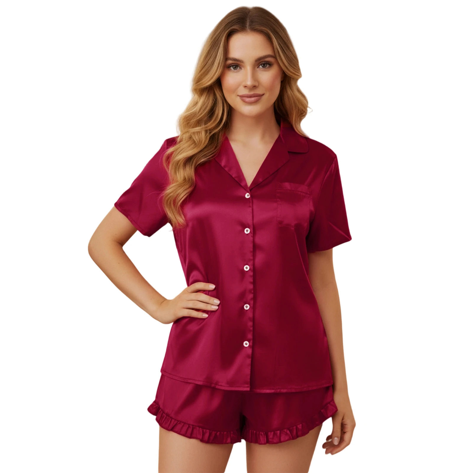 Women’s 2 Piece Satin Pajamas Set Short Sleeve Button Up Shirt + Ruffled Shorts Set Lounge Clothes