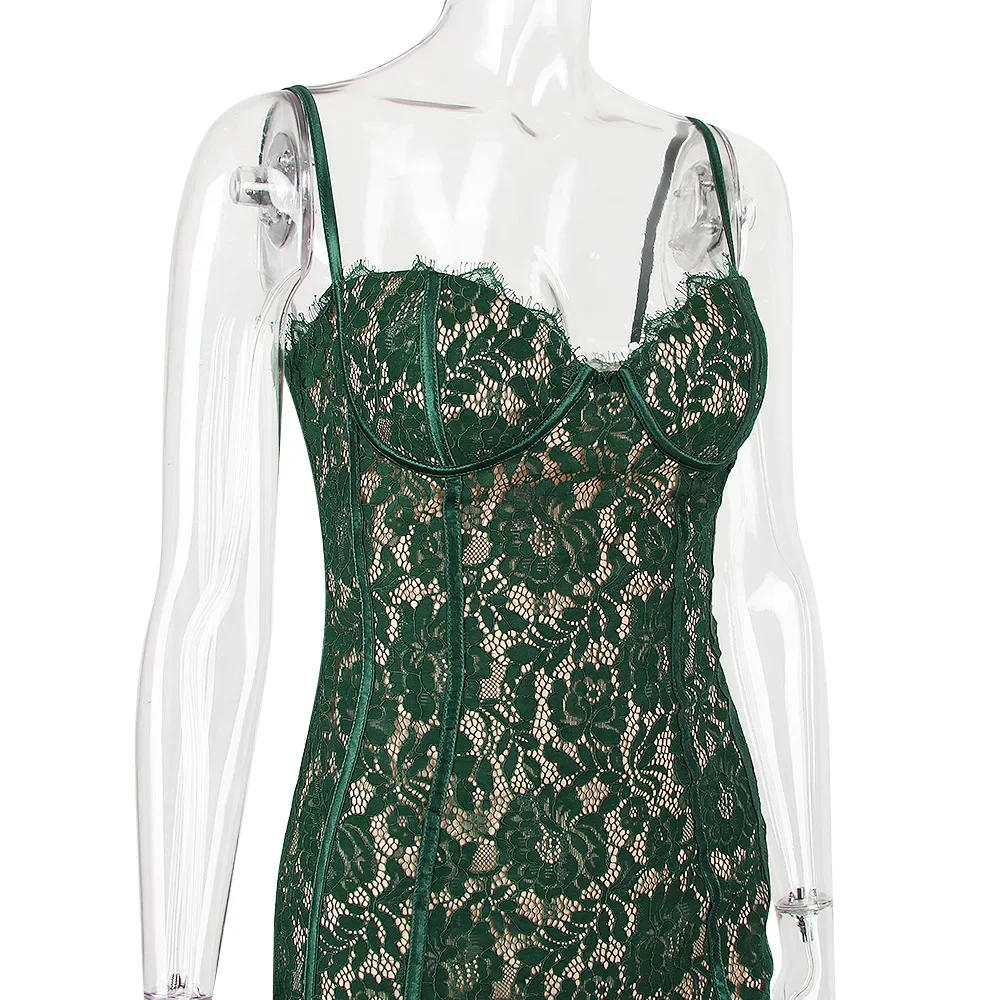 Sommer Langes Elegantes Kleid Für Formelle Anlässe Grün Spaghettiträger Sexy Spitzenkleid Vintage Geburtstagsparty Kleider 2025