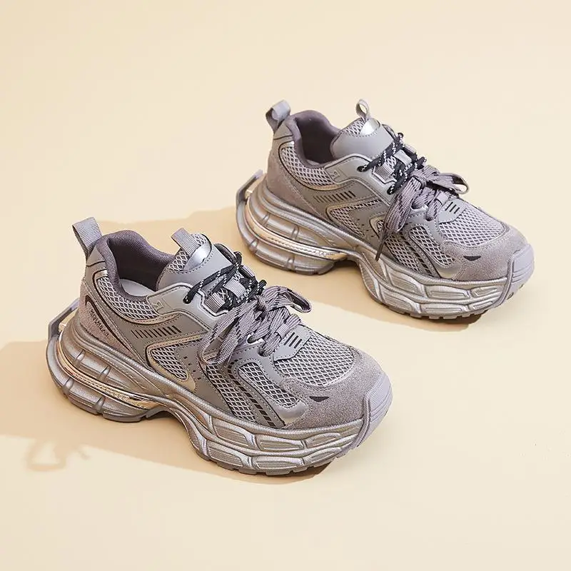 

Fashionable Thick Bottom Dad Shoes for Women in Genuine Leather Sporty Single Shoes Casual Style round Toe mid Heel