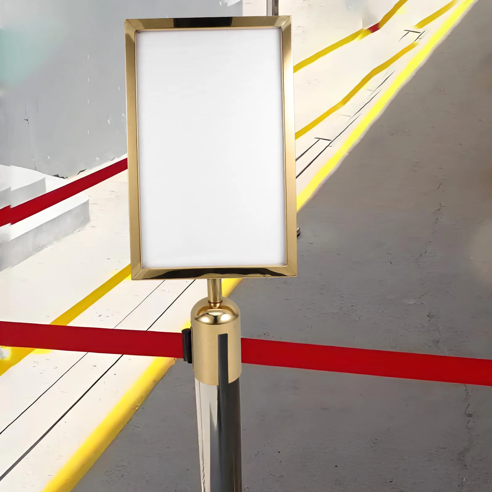 A4 Double-Sided Stainless Steel Stanchion Sign Holder for Queue Barriers, Retractable Belt Posts, Easy Clean