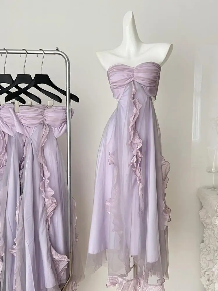 

Женское сексуальное вечернее платье без рукавов с оборками для дня рождения, модное летнее ретро фиолетовое сетчатое элегантное длинное платье без бретелек с открытой спиной