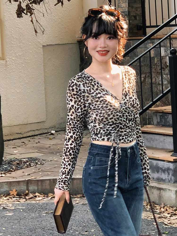 

Retro Leopard Print Knitted Open Cardigan Short Thin Long Sleeve Belted Women's Autumn Top by Yuan Ying Polyester Spandex Blend