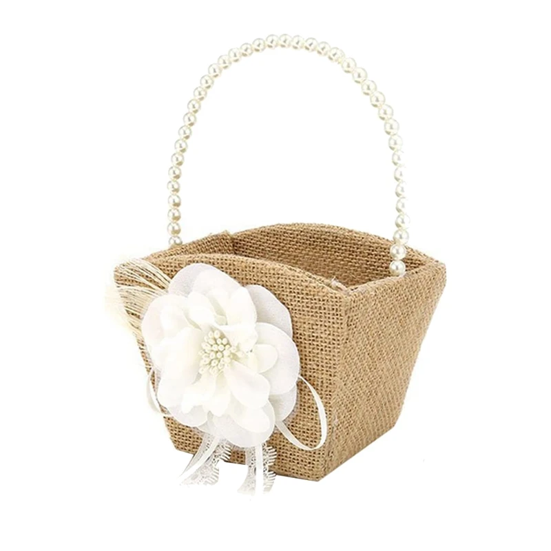 Flower Girl Basket Rustic Burlap For Vintage Rustic Wedding Party Flower Basket With Pearl Handle