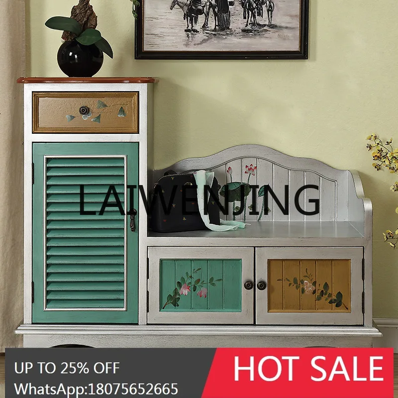 American-Style Solid Wood Shoe Changing Stool Sitting Shoe Cabinet at the Door Storage Organizer Painted Double Footstool
