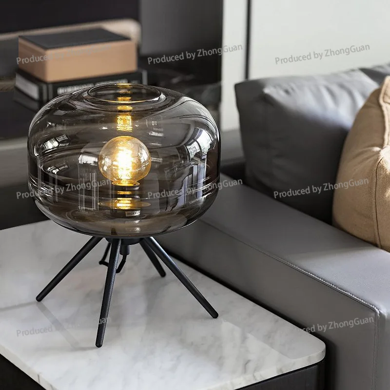 Modern Minimalist Creative Personality Bedroom Table Lamp Living Room Decorative Bedside Smoke Gray Glass Table Lamp