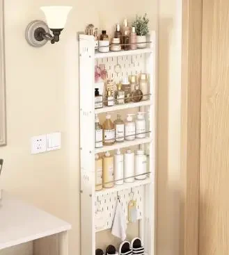 Very narrow storage rack in the entrance, narrow shelf behind the bathroom door, toilet gap storage