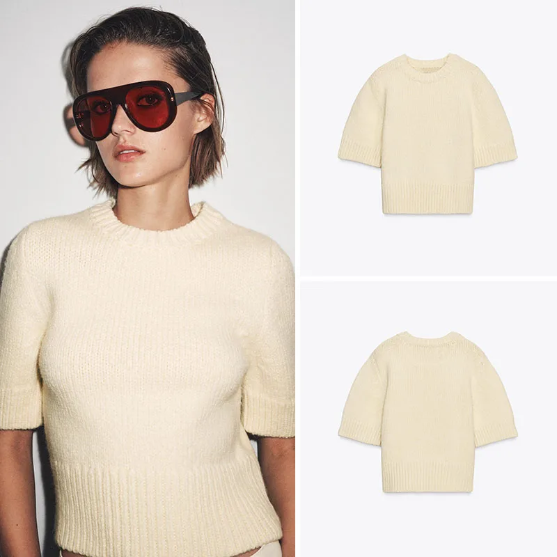 

Простой круглый трикотажный джемпер с коротким рукавом, повседневный, новый, осенний, женский, модный, ZA2025, универсальный базовый топ для женщин