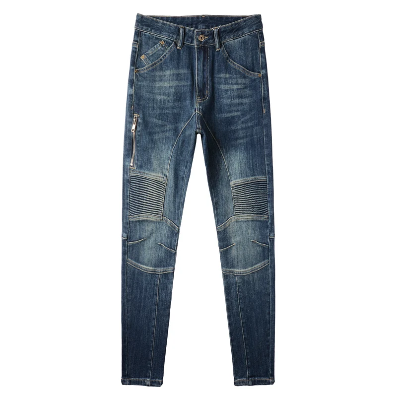 Streetwear Fashion Men Jeans Retro Blue Elastic Slim Fit Spliced Biker Jeans Men Patched Zipper Designer Hip Hop Pants Hombre