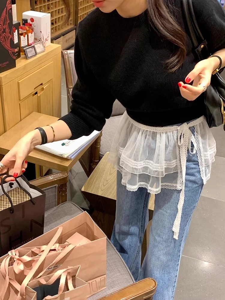 

Chic Spring Versatile High Waist Lace Trim See tough Layered Skirt Women's Faion Commute Korean Sle ort f Body Skirt