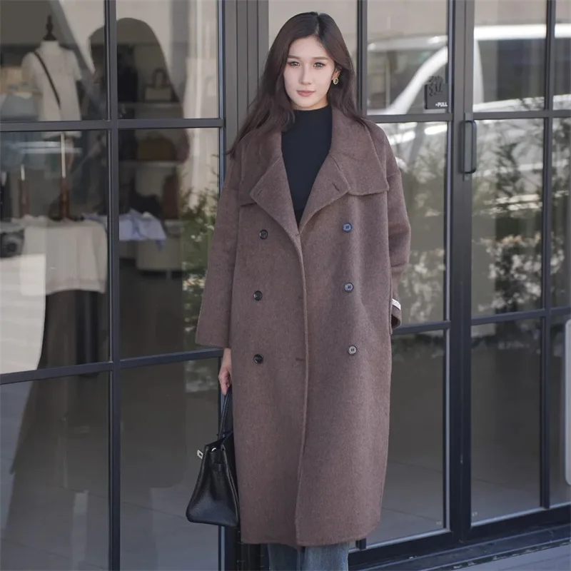 

2025 Wool Women Temperament Simple Double Breasted Mid-Length Straight Woolen Jackets Front Shoulder Notched Collar Coats