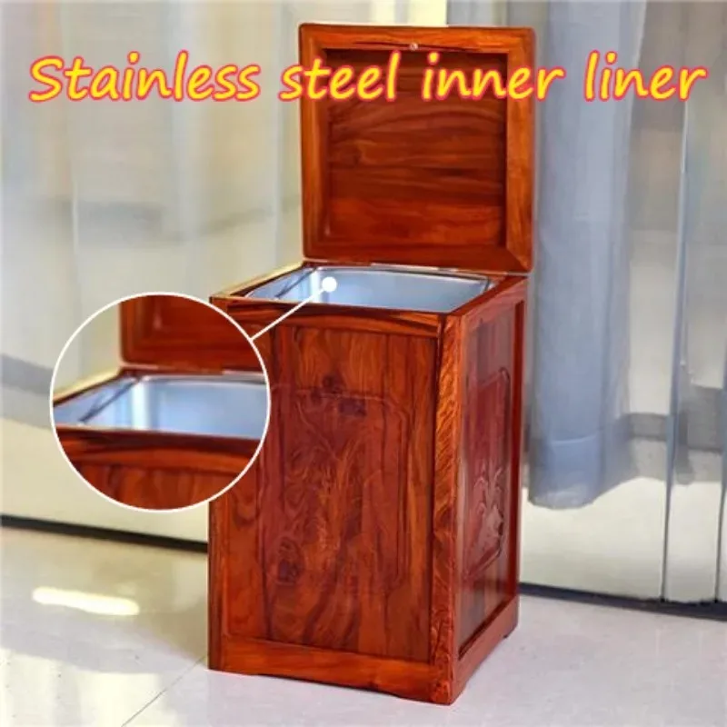 Redwood Trash Can Stainless Steel Inner Liner Sturdy Wear Resistant Anti Rust Tea Water Bucket Eco Chinese Style Cleaning Tool