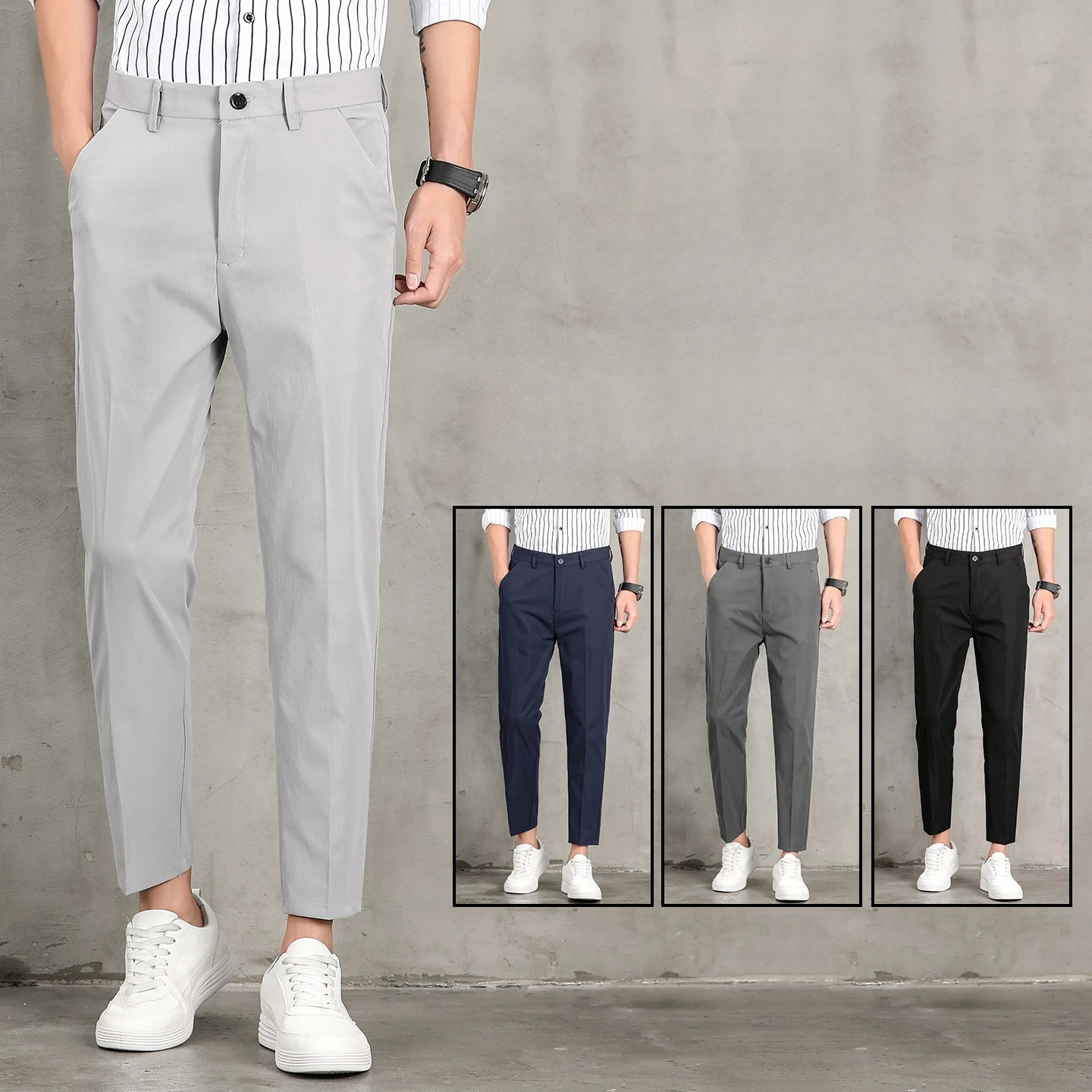 

Men's Premium Cotton Elastic Waistband Straight Leg Pants Casual Breathable 9-Point Trousers Lightweight Summer Trousers